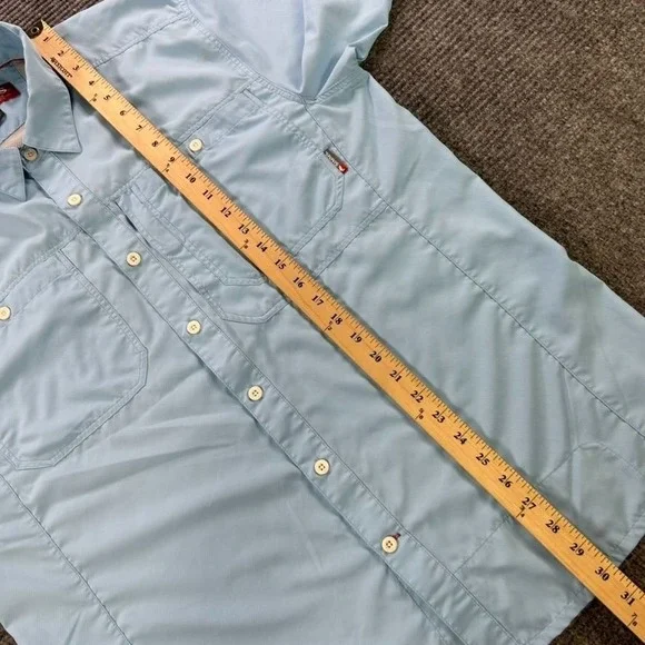 Simms Fishing Products Light Blue Short Sleeve Button Up Shirt Men Large Outdoor - Picture 13 of 15